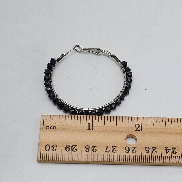 Black Beaded Hoop Earrings With Silver Accents 2 in - Picture 4 of 4